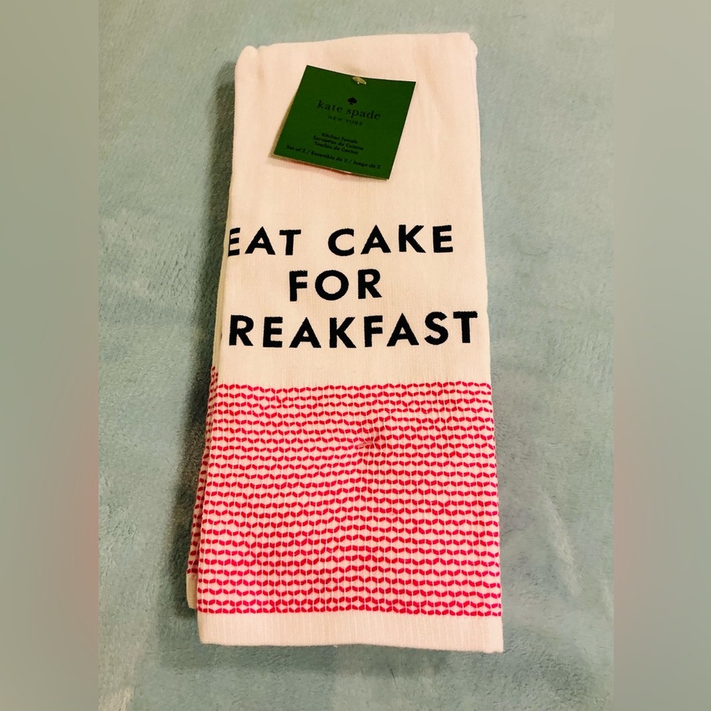 Kate Spade Set Of Two Cotton Kitchen Towels Eat Cake For Breakfast 17 x 28 NEW